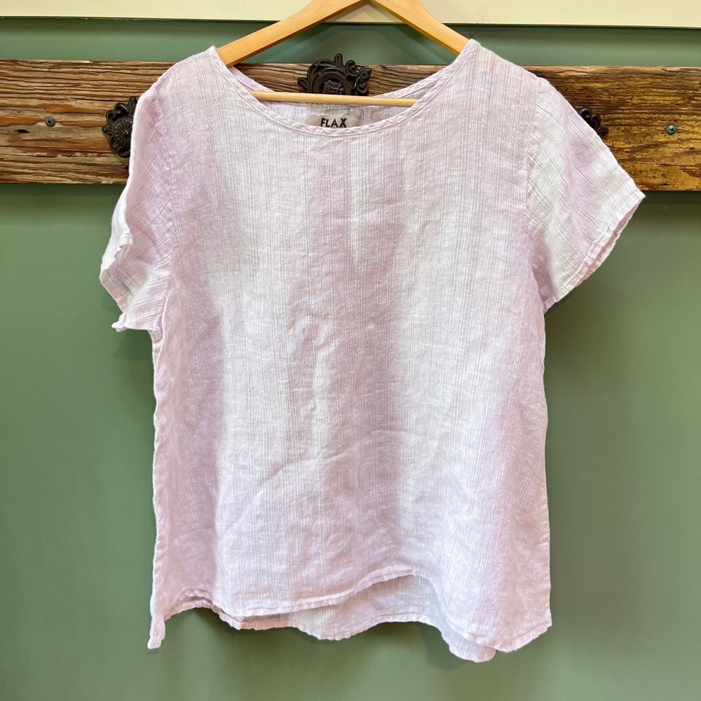 FLAX Womens Large Lavender White Striped 100% Linen Short Sleeve Blouse Top